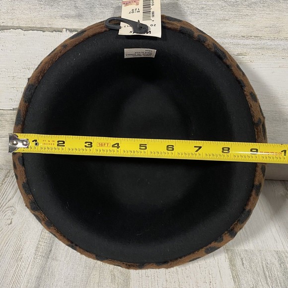 Vintage Wards Black 100% Wool Fedora Hat Cheetah Print Roll Up Trim Brand New - Picture 5 of 5
